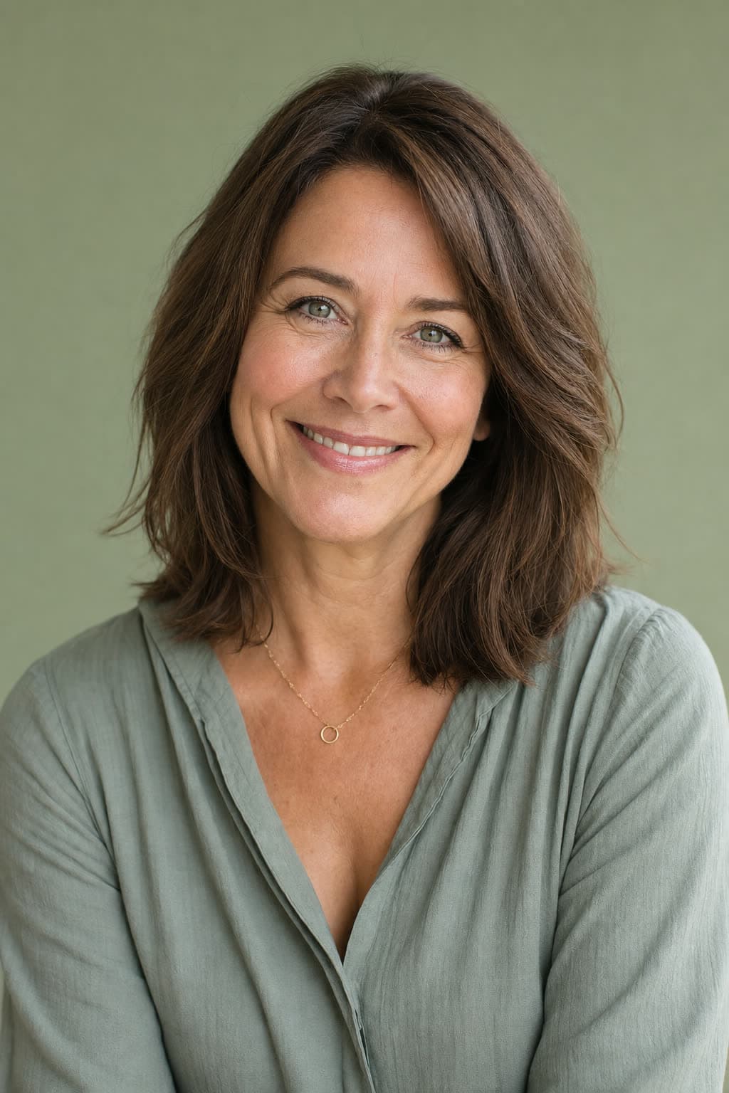 A woman smiling to camera against a soft green backdrop