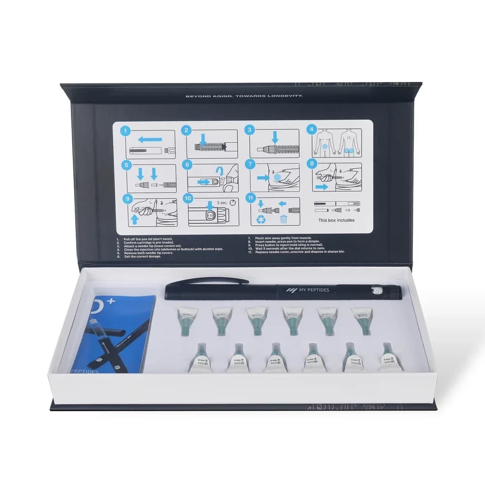 The kit open, the auto-injector and cartridges laid out beside the instruction card