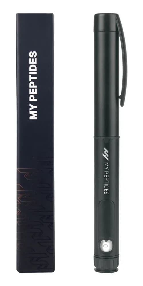 The auto-injector beside its slim black case